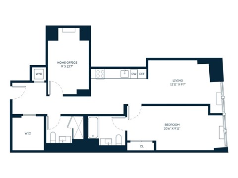 Floor plan for 1 bed, 2 baths, 1087 sqft